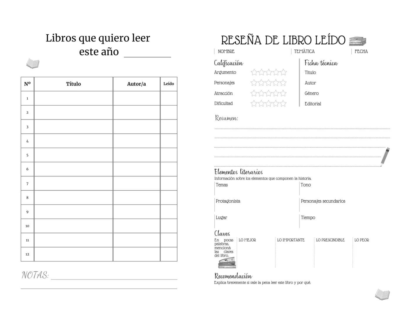 Registro de libros leídos con espacio para títulos, autores y fechas.