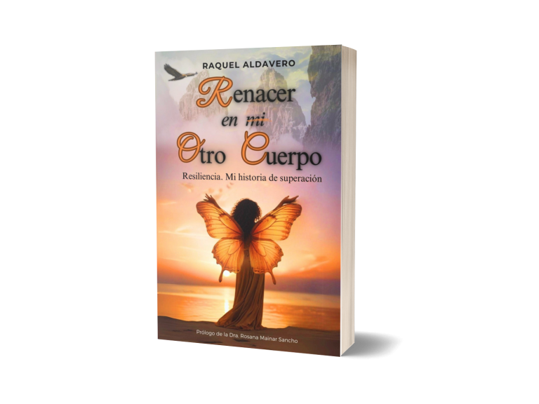 Portada del libro "Renacer en mi Otro Cuerpo" con una figura alada frente a un atardecer.