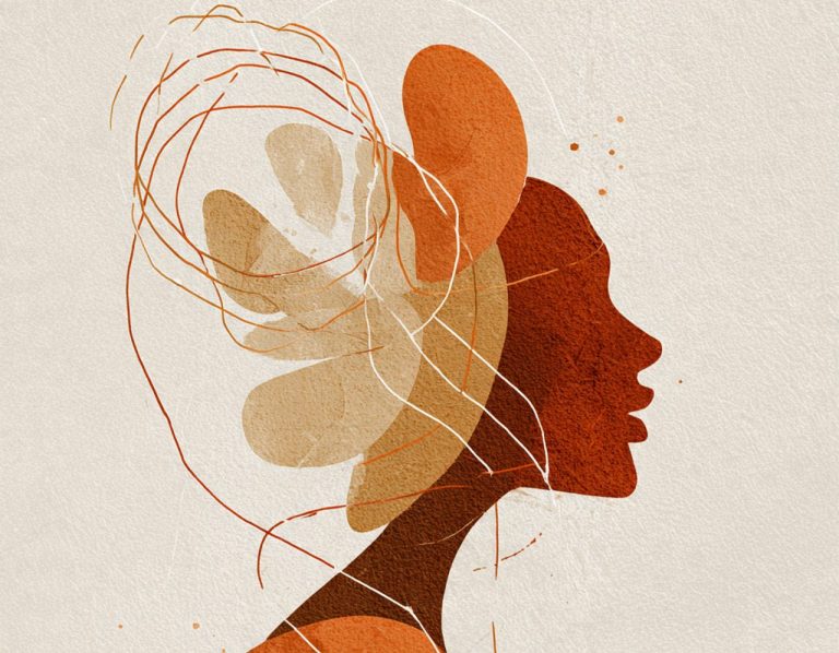 Ilustración de cómo cortar la rumiación saboteando a tu propia mente Perfil de una mujer con elementos abstractos en tonos cálidos y suaves.