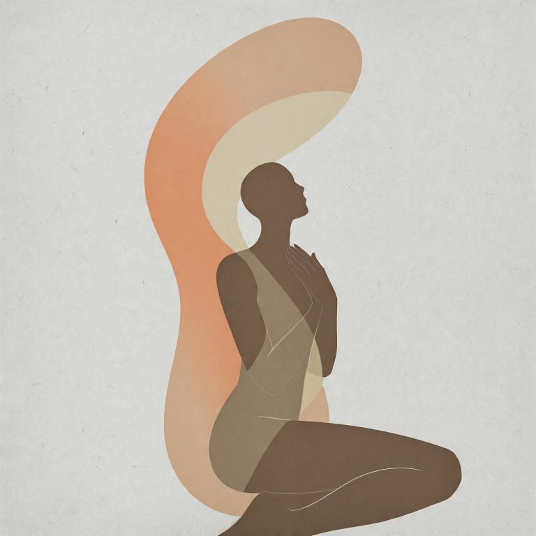 Figura femenina en posición de oración con formas abstractas en el fondo.
