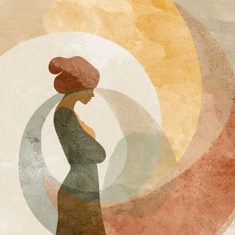 Silueta de mujer con cabeza cubierta, en tonos cálidos y formas abstractas.