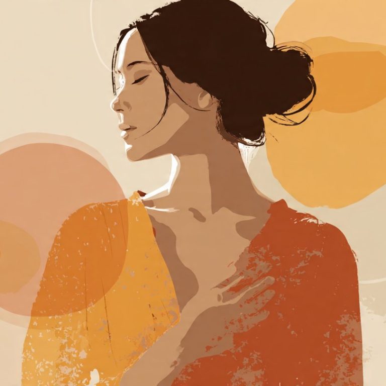 Mujer con cabello rizado y suelto, cruzando los brazos, sobre fondo suave.