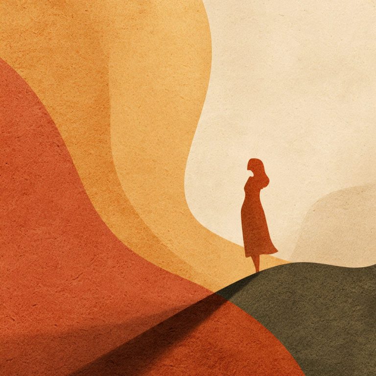 Silueta de mujer en un paisaje abstracto de colores cálidos y suaves curvas.