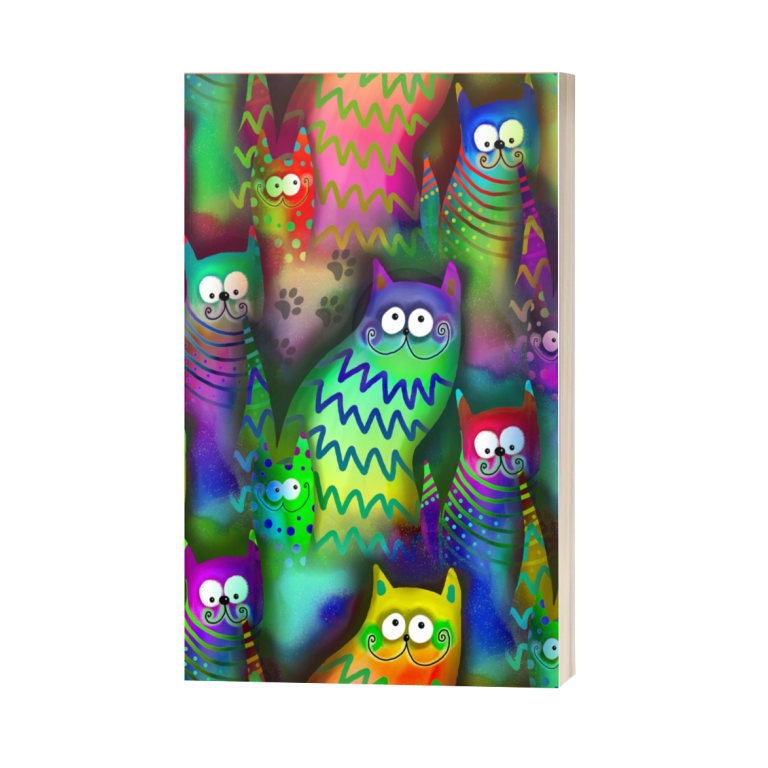 Gatos de colores vibrantes en un fondo abstracto.