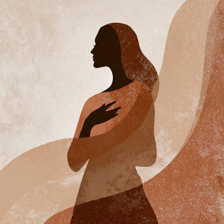 Silueta de mujer en tonos marrones y suaves, con un gesto de la mano en el pecho.