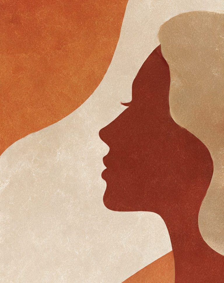 Perfil estilizado de mujer con fondo en tonos cálidos.