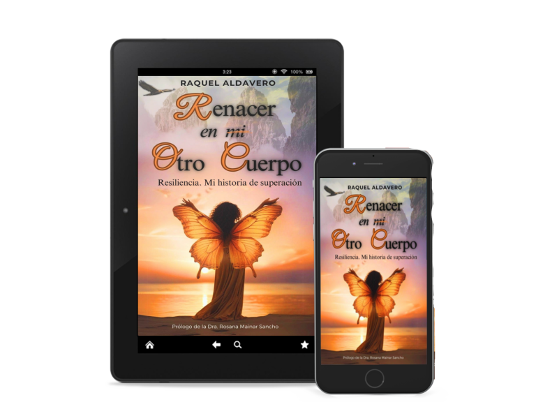 Portada del libro "Renacer en mi Otro Cuerpo" con silueta y alas en un atardecer.