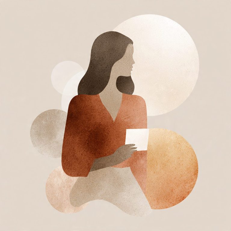 Mujer con cabello largo y suelto, sosteniendo un objeto en un fondo abstracto de tonos cálidos.