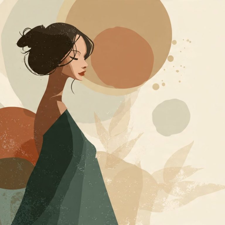 Mujer de perfil, con fondo abstracto de círculos y tonos suaves.