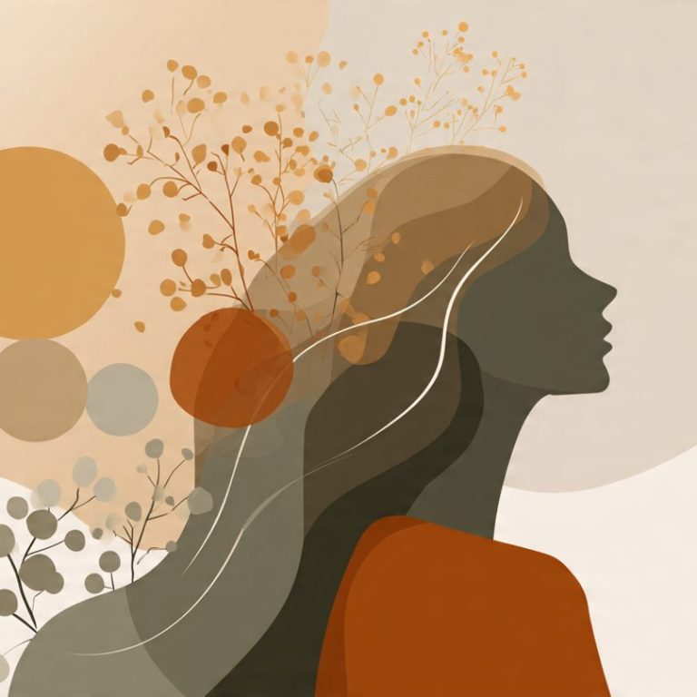 Perfil de mujer con cabello largo, adornado con formas abstractas en tonos cálidos.