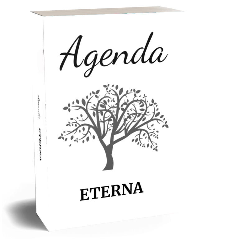 Agenda blanca con un árbol y el texto "Agenda Eterna" en la parte superior.