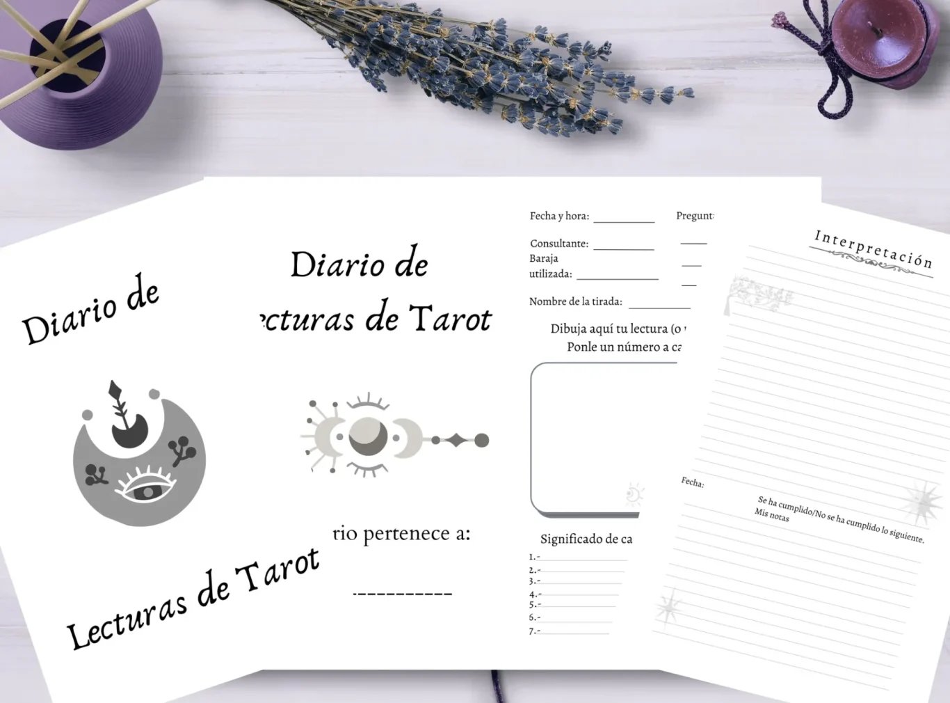 Diseño de hojas de actividades de Tarot con secciones para notas y dibujos.