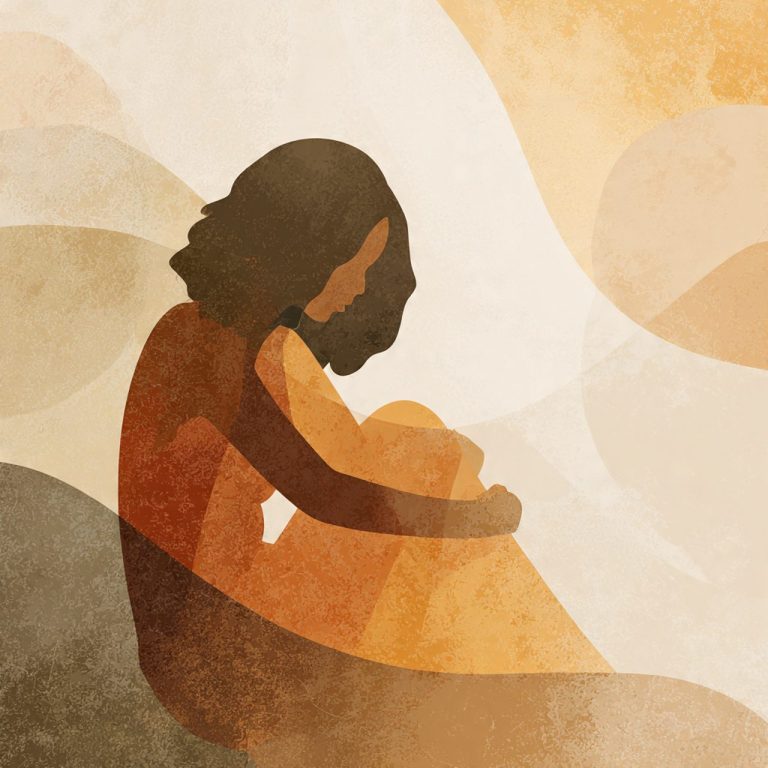 Ilustración abstracta que representa el duelo corporal y la tristeza por un cuerpo que ha cambiado.