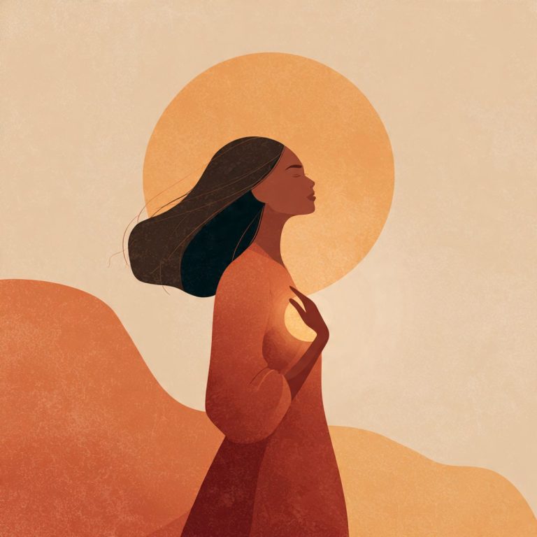 Mujer con cabello suelto, sosteniendo su corazón, rodeada de un fondo cálido y circular.