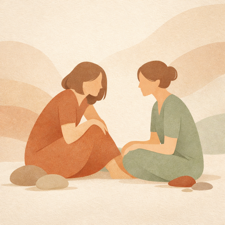 Dos mujeres sentadas en el suelo, conversando en un ambiente tranquilo y natural.