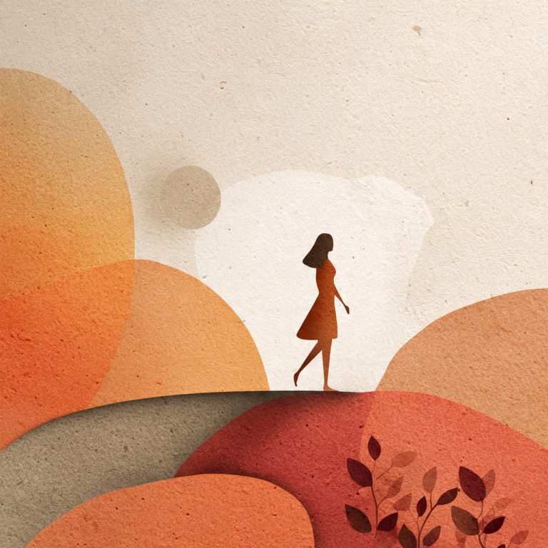 Mujer caminando por un sendero rodeado de colinas en tonos cálidos.