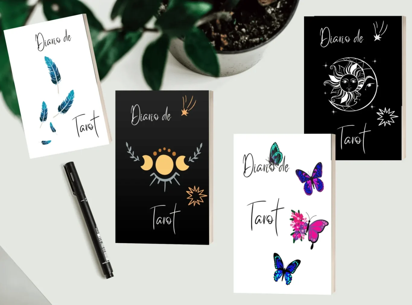 Cuatro tarjetas decorativas con diseños de mariposas y símbolos astrales sobre fondo negro.