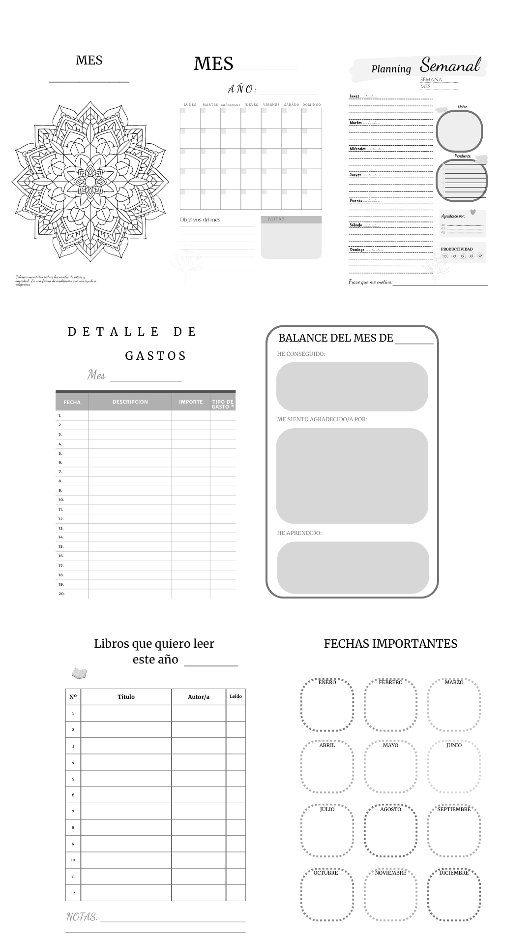 paginas interiores de la agenda sin fechas