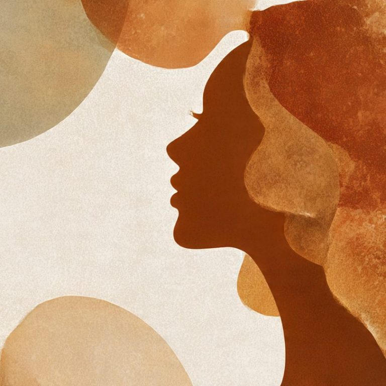 Perfiles de siluetas femeninas en tonos marrones y círculos de fondo.