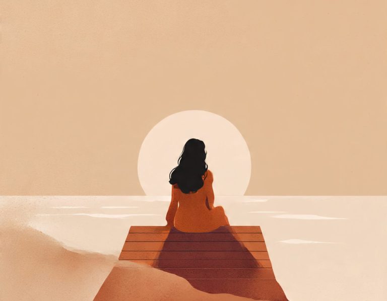Ilustración minimalista de una mujer sentada al borde de un muelle mirando el horizonte en tonos verde salvia y rosa empolvado Ilustración minimalista de una mujer sentada al borde de un muelle mirando el horizonte en tonos verde salvia y rosa empolvado