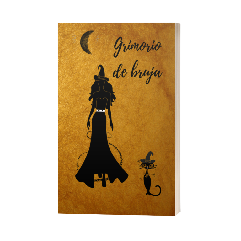 Una bruja en un vestido largo con un gato negro y un fondo marrón claro.