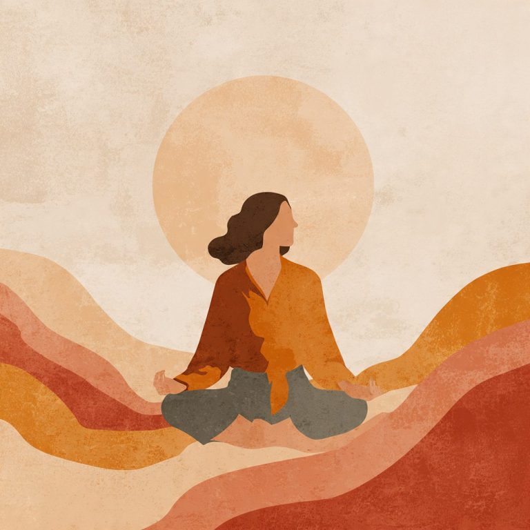 Mujer meditando en un paisaje abstracto de tonos cálidos y suaves.