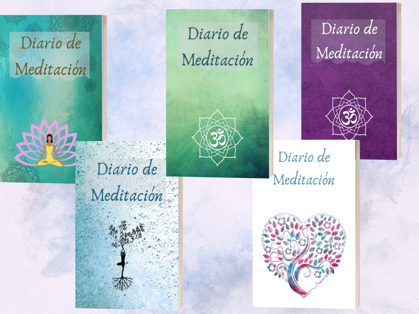 Portada de un diario titulado "Diario de Meditación" con un árbol y fondo azul.
