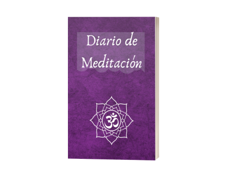 Diario de meditación de portada morada con símbolo de meditación en el centro.