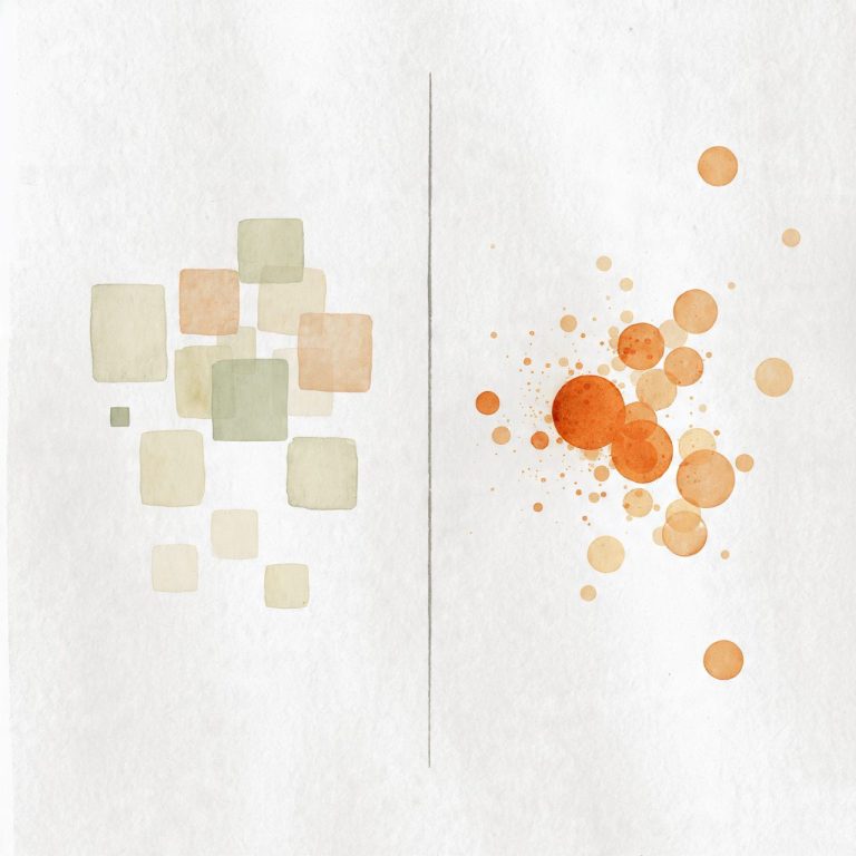 Formas geométricas suaves en tonos verdes y naranjas sobre fondo claro.
