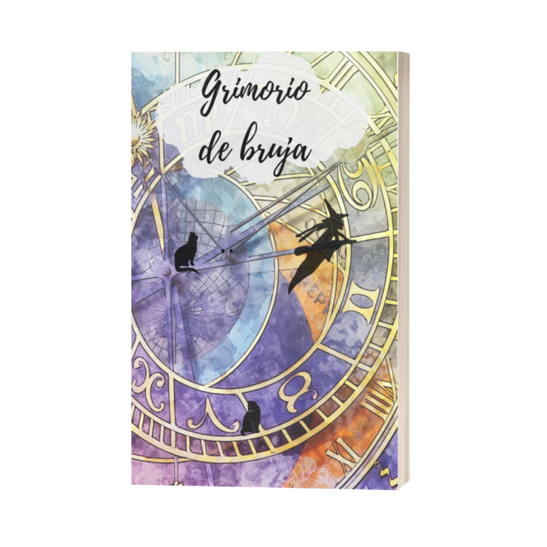 Portada de un grimorio con un diseño de reloj y siluetas de cuervos. Texto en español.