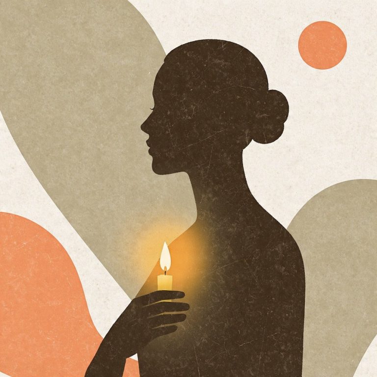 Silueta de una persona sosteniendo una vela, con fondo de formas abstractas.