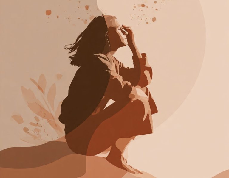 Ilustración minimalista de como alejar los pensamientos negativos Silhouette de mujer sentada en una roca, pensativa, con fondo abstracto en tonos cálidos.