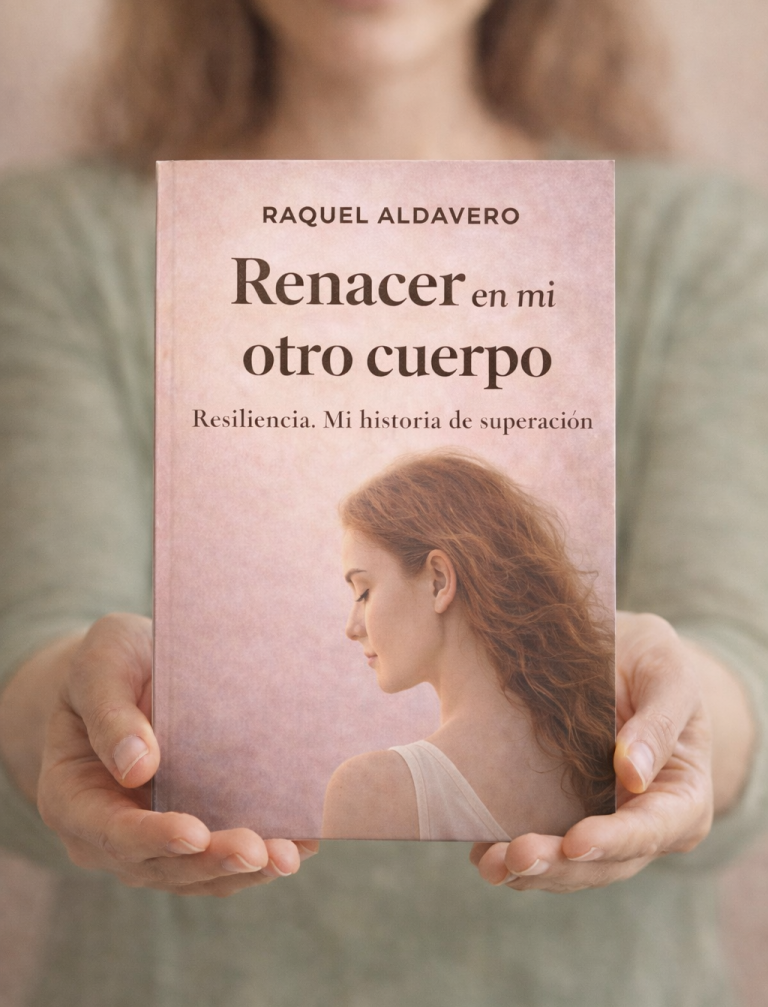 Una persona sostiene un libro titulado "Renacer en mi Otro Cuerpo".