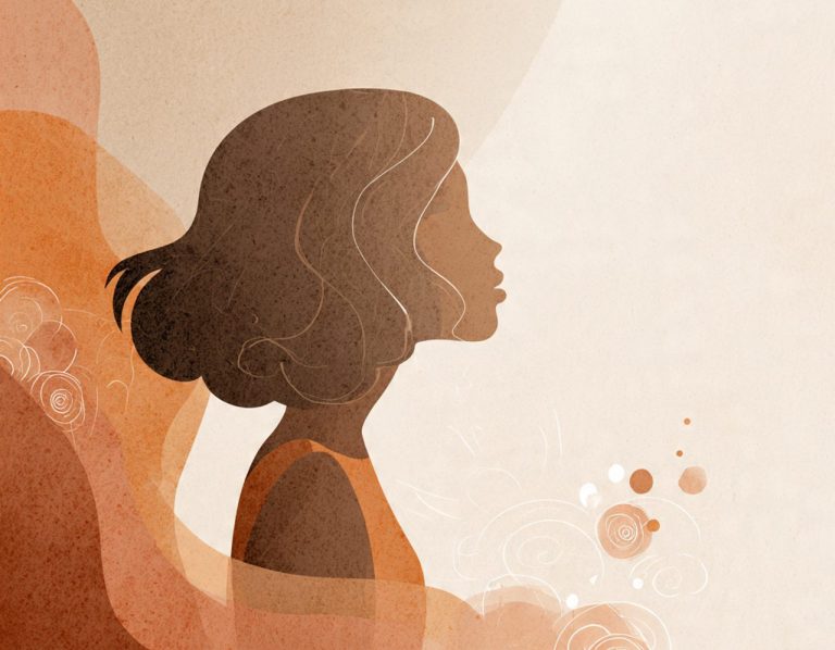 Perfil de una mujer con cabello rizado, rodeada de formas abstractas en tonos cálidos.