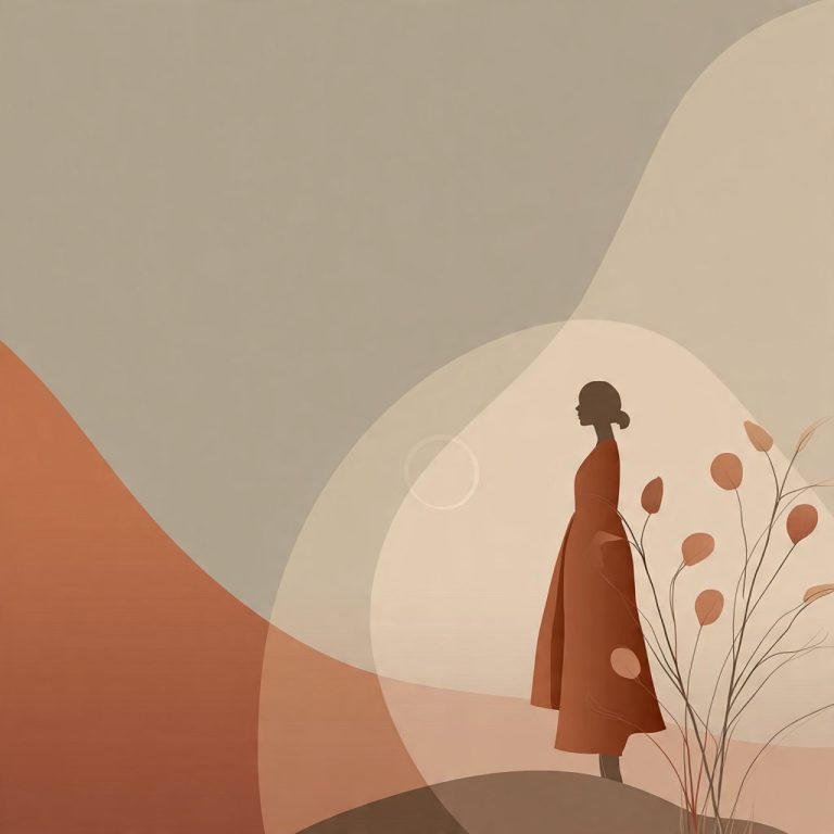 Ilustración abstracta en salvia, beige y terracota que representa el inicio de una nueva etapa y la ansiedad por la recaída tras el cáncer