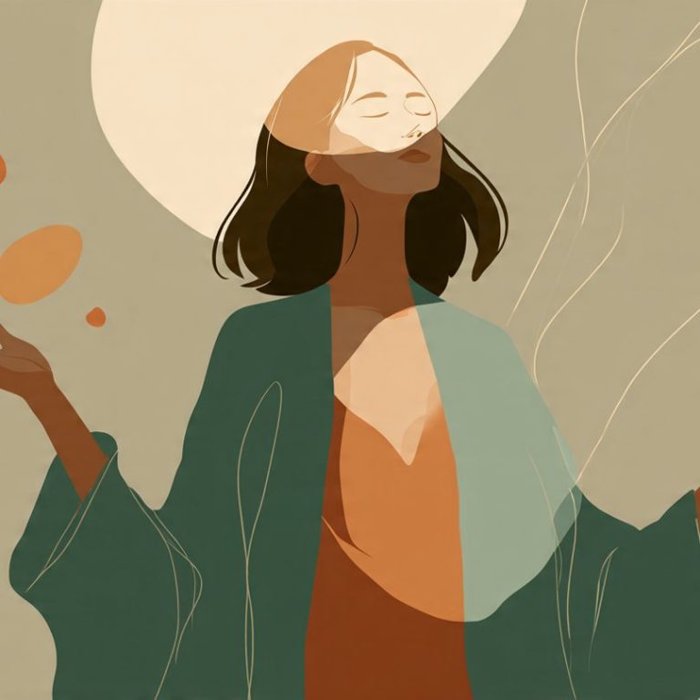 Mujer con cabello largo, cerrando los ojos y sosteniendo objetos, de fondo tonos cálidos.