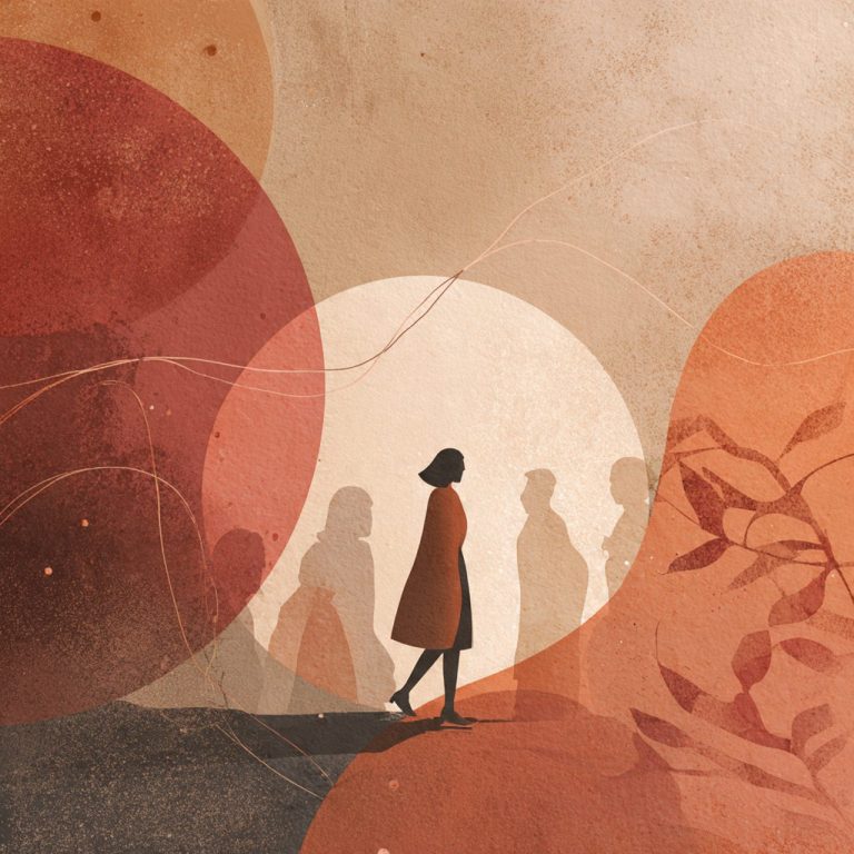 Siluetas de personas y una figura solitaria en un fondo de círculos y tonos cálidos.