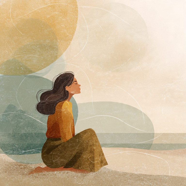 Ilustración en tonos salvia y beige que representa la comunicación emocional y el acompañamiento a un superviviente que teme una recaída.