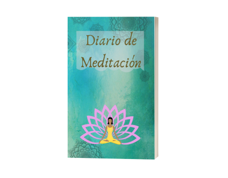 Diario de meditación con una figura en una flor de loto sobre un fondo azul.