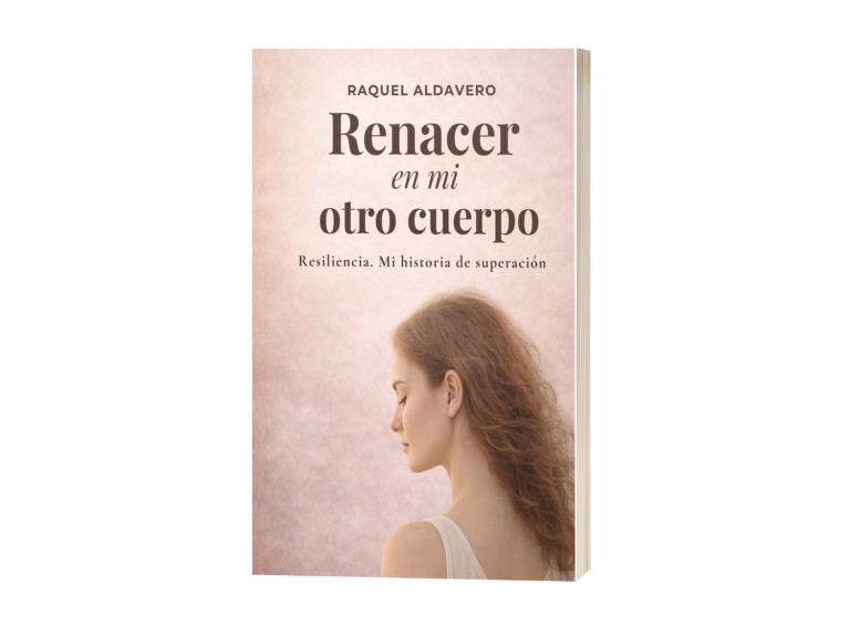 Portada del libro "Renacer en mi Otro Cuerpo" con una figura alada frente a un atardecer.