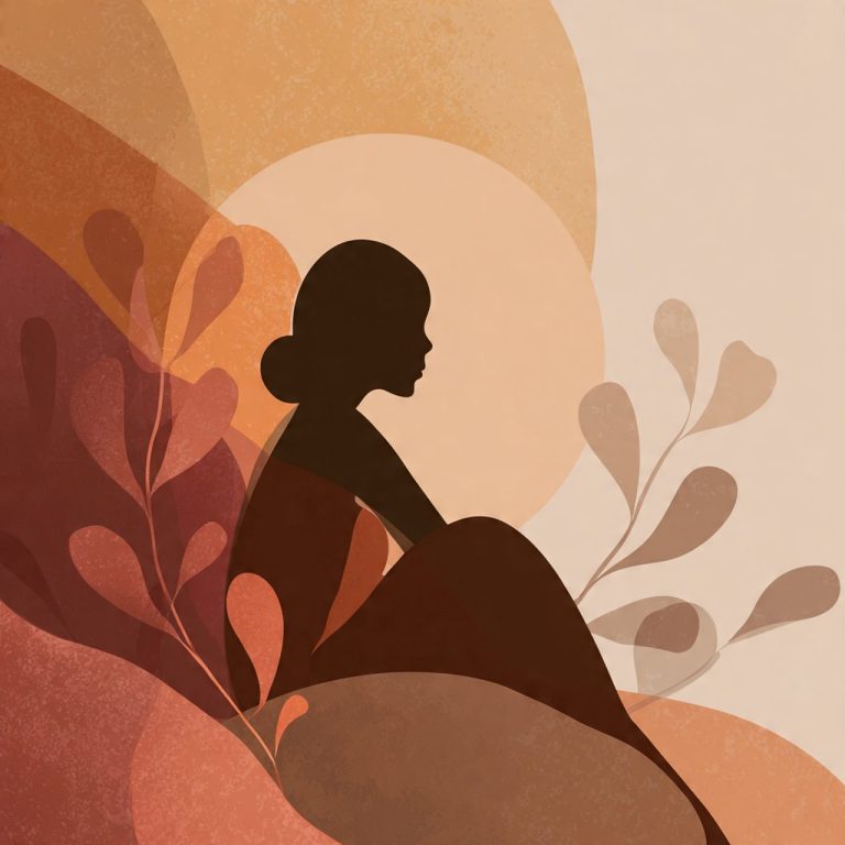 Ilustración abstracta y serena que representa el acompañamiento emocional y la auto-compasión en momentos de fragilidad.