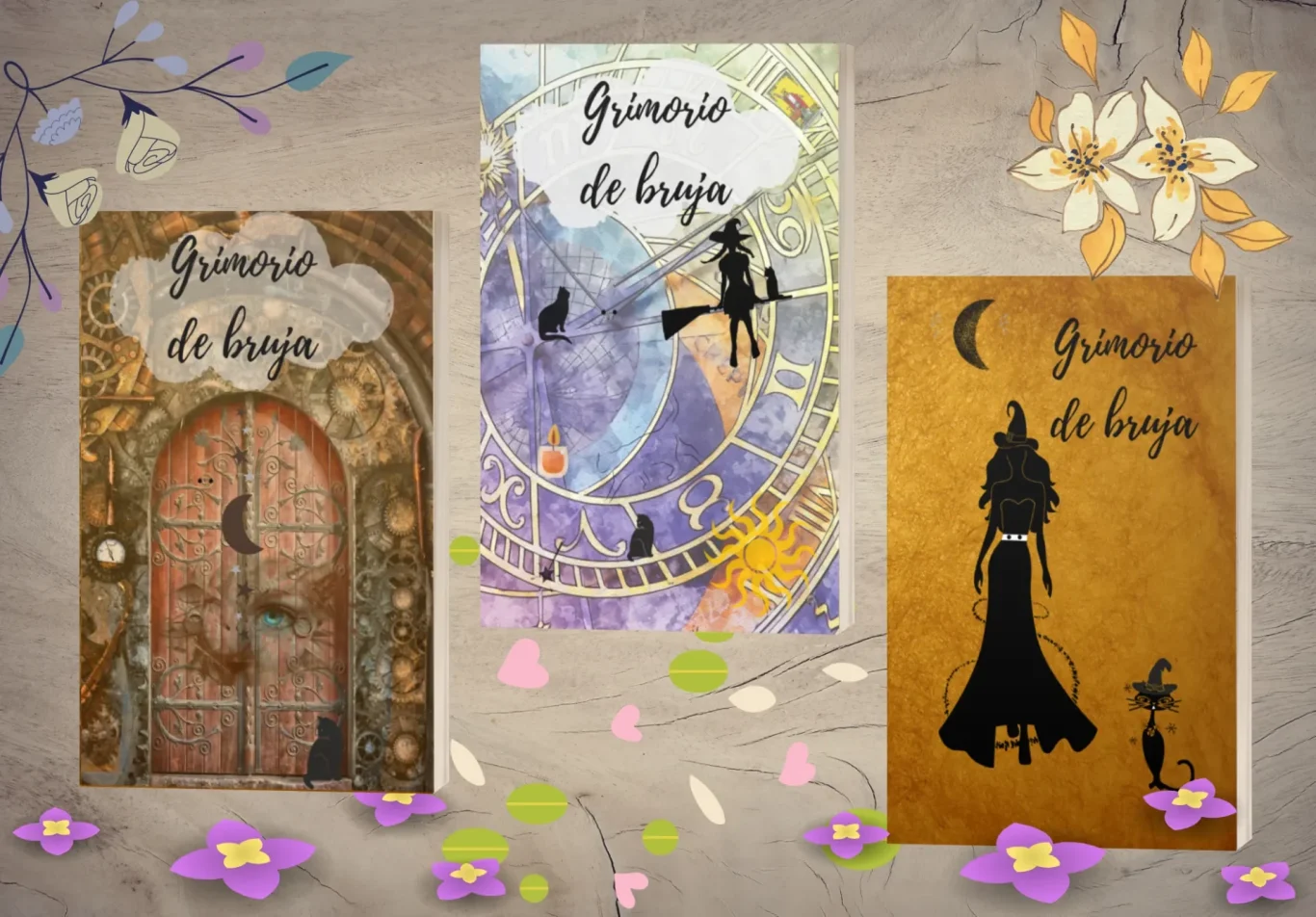 Tres portadas de libros con ilustraciones de hadas y elementos mágicos.