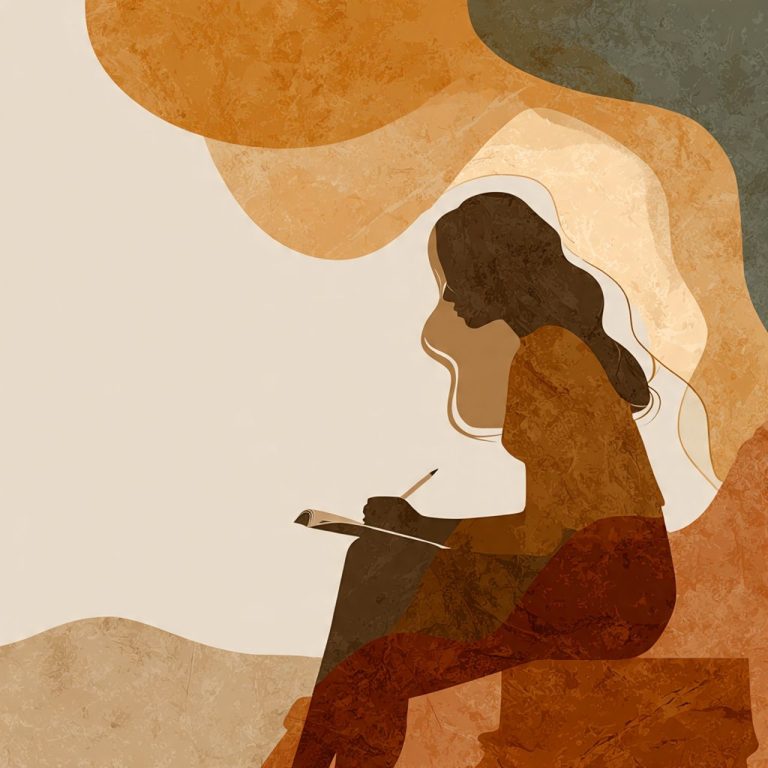 Mujer sentada escribiendo con un fondo de tonos cálidos y abstractos.