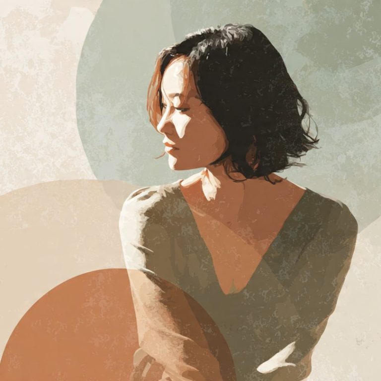 Retrato de una mujer con cabello corto y oscuro, con fondo de colores suaves y círculos.