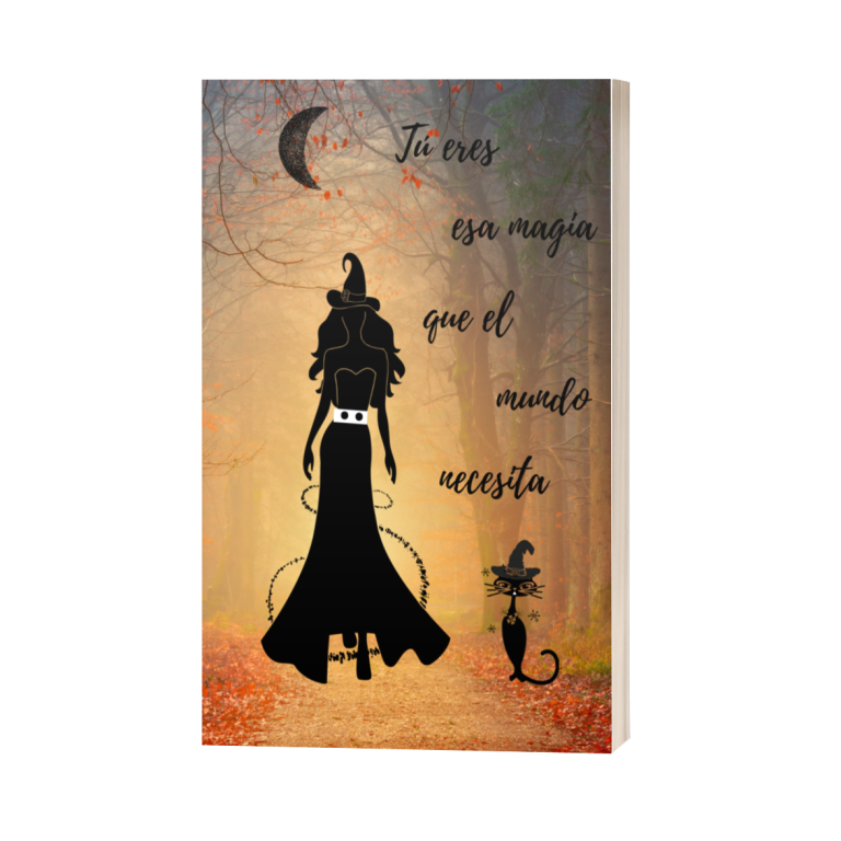 Silueta de una mujer con sombrero de bruja y un gato, rodeados de un ambiente otoñal.