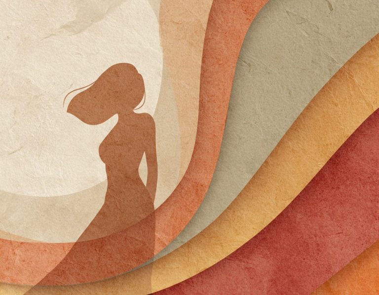 Figura femenina entre formas en movimiento simbolizando el desorden interno cuando ya no te reconoces.