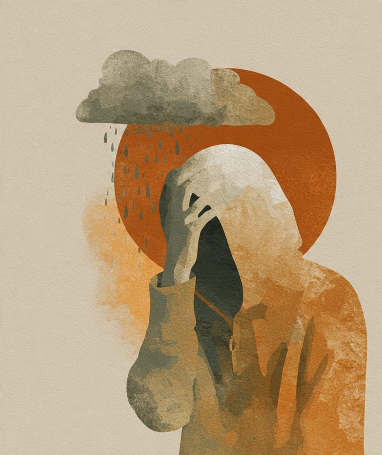 Persona pensando con colores intensos, simbolizando la lucha contra los peores escenarios mentales Silueta de una figura humana en posición de tristeza con nubes y gotas de lluvia.