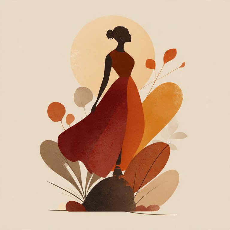 Silueta de mujer con vestido rojo y fondo floral en tonos cálidos.