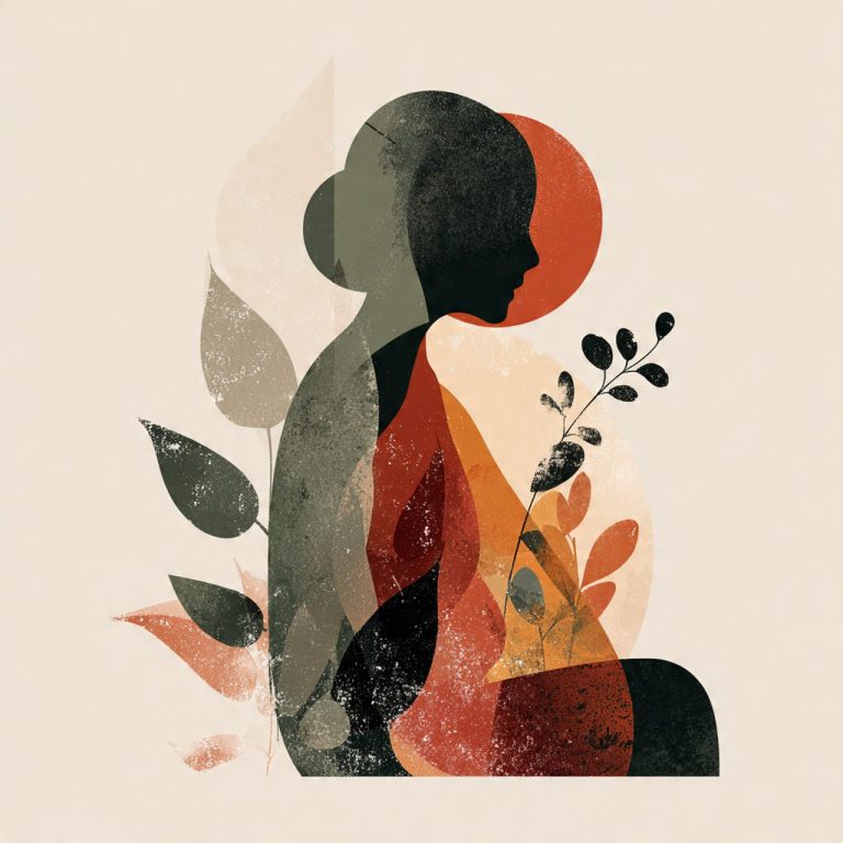 Silueta femenina sosteniendo una planta rodeada de formas abstractas y colores suaves.