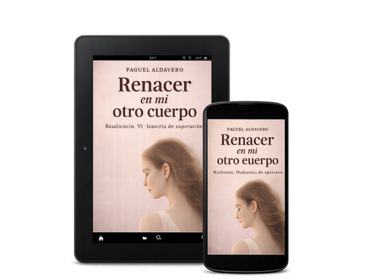 Portada del libro "Renacer en mi Otro Cuerpo" con silueta y alas en un atardecer.